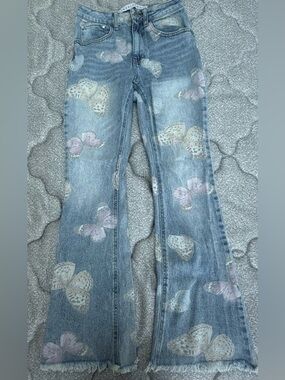 Flare High Rise Butterfly Print Denim Size 3 Light Wash Wide Leg Jeans